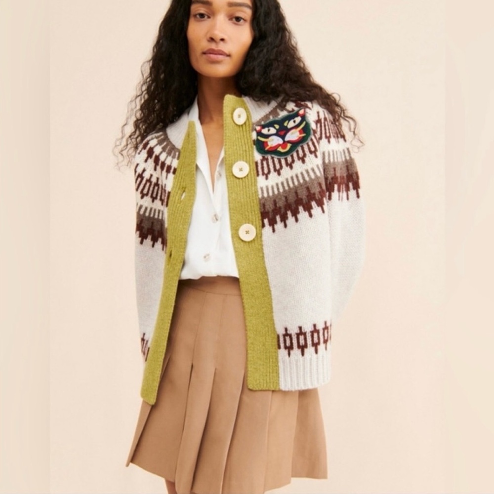 Anthropologie Cream Cardigan with Green Trim and Brown Fair Isle Pattern
